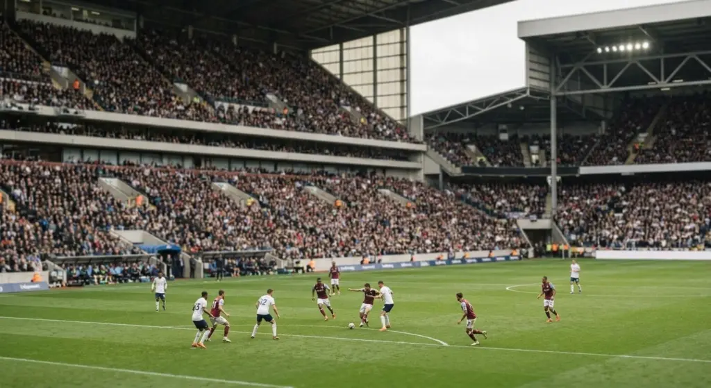 A wide view of a large professional European football stadium during a daytime match with a packed crowd and players